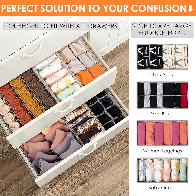 12 Pack Sock Underwear Drawer Organizer Dividers, 116 Cells Fabric Foldable Dresser Closet Organizers and Storage Bins for Baby Clothing, Women Men Underwear Socks, Bra, Ties, Scarf-Ruum Studio Home