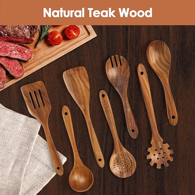 comfoyar Teak Wooden Spoons for Cooking, 7 Pieces Kitchen Cooking Utenails Set with Spatula and Ladle, Heat Resistant Kitchen Cookware for Nonstick Pan-Ruum Studio Home