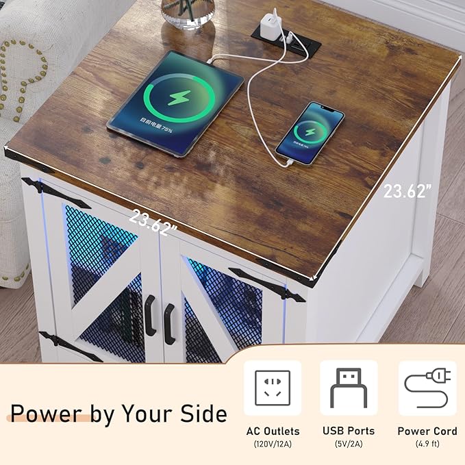 Farmhouse End Table, 24" Large Sofa Side Table with Charging Station, Mesh Barn Door, and Adjustable Storage Shelf, Rustic Wood Square Nightstand for Living Room, Bedroom, Office, White &Brown-Ruum Studio Home