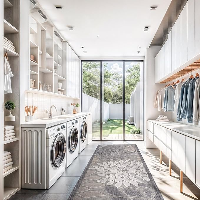 Beverly Rug Outdoor Runner Rug 2x7 Modern Floral Tropical Area Rugs for Indoor and Outdoor Patio Easy to Clean Non Shedding Living Room Porch Garden Washable Outside Carpet (2 x 7 Gray)-Ruum Studio Home