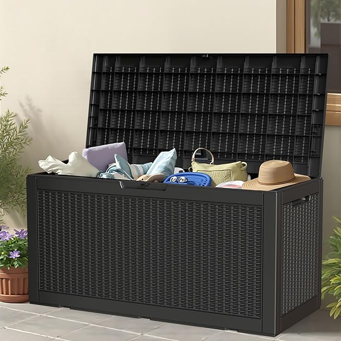 100 Gallon Storage Box, Waterproof Resin Deck Box with Hydraulic Piston Design, Lockable Storage Bench for Package Delivery, Storage Bin for Patio Cushions, Garden Tools, Black-Ruum Studio Home