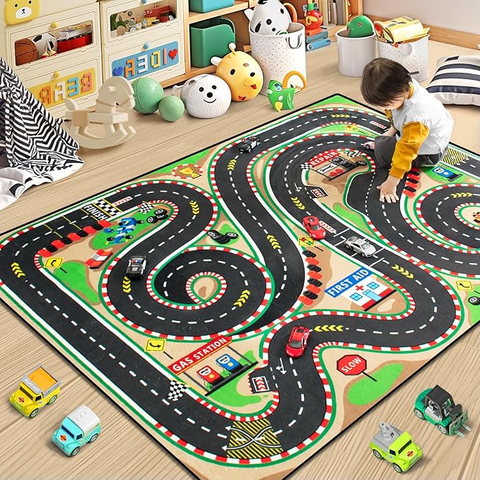 Kids Rug, Race Track Baby Play Mats, Realistic 3D Cascading Surround Route,5x7 Ft Kids Rug for Playroom, Great for Playing with Cars and Toys, Non-Slip Car Carpet-Ruum Studio Home