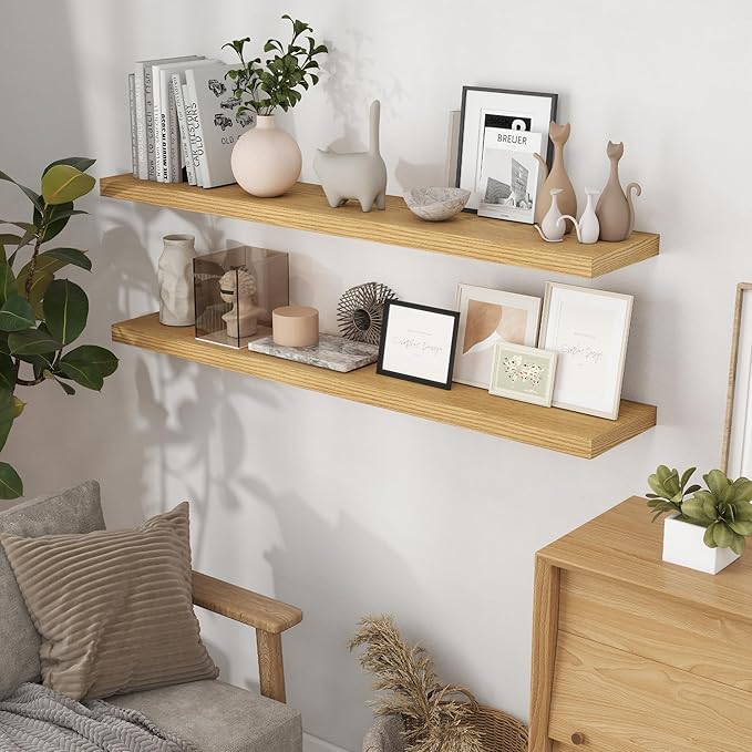 Floating Shelves 55 Inch Long, 55"W x 9"D Wall Shelf Invisible Bracket, 9 Inch Deep Floating Shelf for Wall, Rustic Wooden Shelves for Living Room, Kitchem, Bedroom, Oak Color, Set of 1-Ruum Studio Home