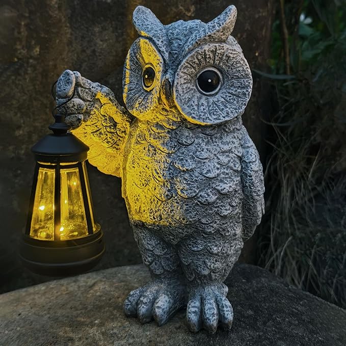 Garden Statues, owl Outdoor Figurines Decorated with Solar Lights, Unique Christmas Birthday Gifts for Moms, Grandmas, Women, Wives, Sisters (Grey Owl1)-Ruum Studio Home