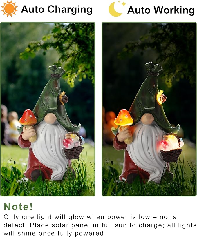 Mushroom-Picking Gnome Solar Garden Statue with 3 LED Lights, Set with 1 Gnome and 2 Small Mushroom, Lovely Garden Gnome Set for Patio, Yard, Lawn Ornament, Outdoor Decor-Ruum Studio Home
