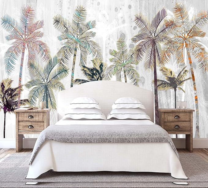 Hand Painted Coconut Tree Wallpaper Bedroom Tropical Plants Leaves Landscape Wall Mural Living Room (Not Peel and Stick)-Ruum Studio Home