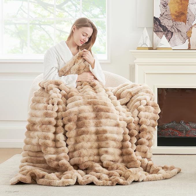 Cozy Bliss Faux Fur Throw Blanket for Couch, Cozy Warm Plush Striped Blanket for Sofa Bedroom Living Room, 60 * 80 Inches Tie-dye Kahki-Ruum Studio Home