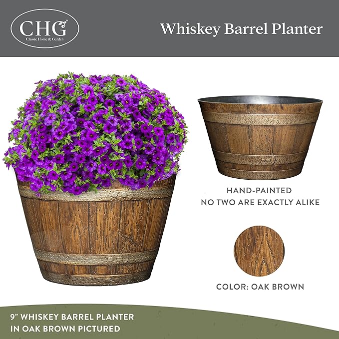 Classic Home and Garden Whiskey Barrel Planters - Wooden Finish Flower Planter Pot - Stylish Garden Pots - Indoor & Outdoor Resin Planters - Weather-Resistant Planting Pots (20.5" Oak Brown, 1-Pack)-Ruum Studio Home