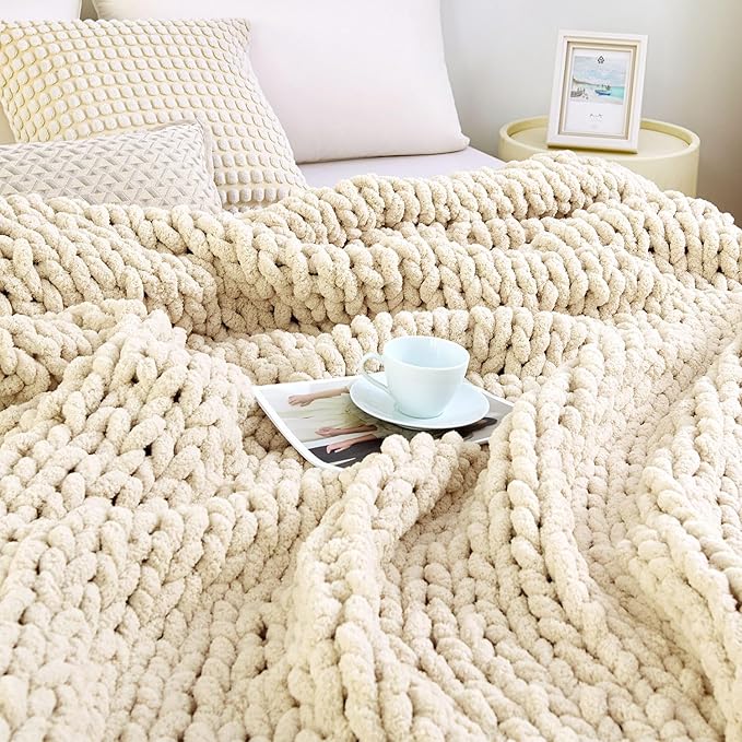 Admitrack Chunky Knit Blanket Throw 51"x63", 100% Hand Knit Chenille Throw Blanket for Sofa & Home Decor, Soft and Cozy Knitted Throw Blankets (Ivory，51"x63")-Ruum Studio Home