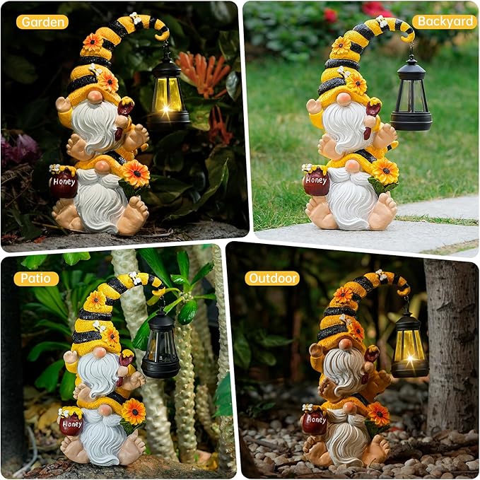 Solar Bee Garden Gnomes with LED Lantern – Waterproof Stacked Outdoor Decor for Yard, Patio – Unique Gnome Gift for Mom, Grandma, Women (Weatherproof Resin Outdoor Statues)-Ruum Studio Home