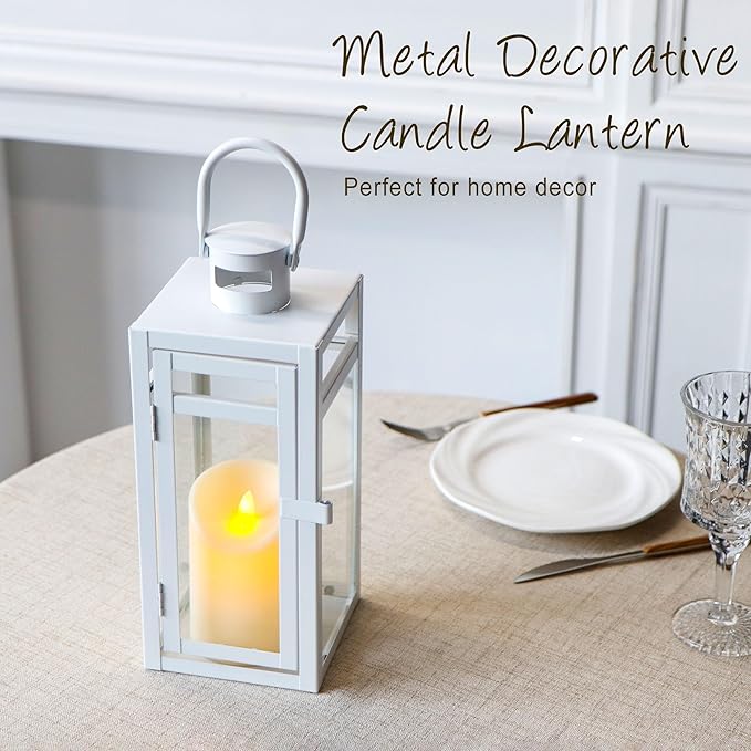 TRIROCKS Stainless Steel Decorative Lantern 12'' High Metal Candle Holder with Clear Glass Panels Perfect for Home Decor Living Room Parties Events Tabletop Indoor Outdoor (White)-Ruum Studio Home