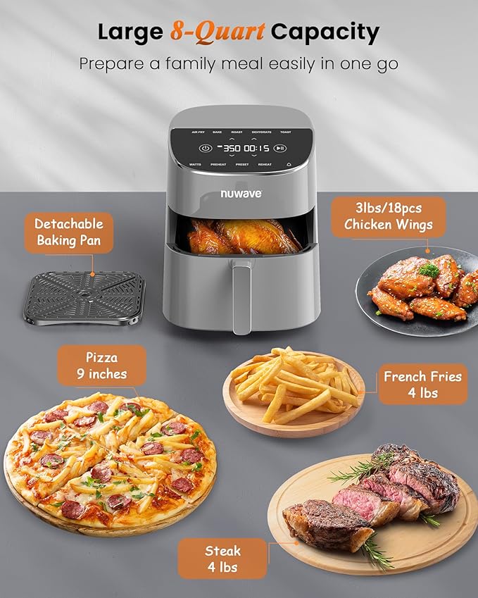 Nuwave Brio Plus Air Fryer 8 Qt, New & Improved, PFAS-FREE, 7 Digital One-Touch Cook Functions that AIR FRY, BAKE, ROAST, DEHYDRATE, TOAST, REHEAT, PREHEAT, 150 Presets, 50°F~400°F (Cool Gray)-Ruum Studio Home