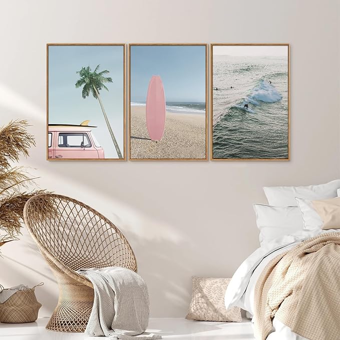 Tinonedraw Large Ocean Beach Framed Canvas Wall Art, Summer Coastal Surfboard Wall Decor, Palm Tree Pink Car Artwork, Modern Surfing Seascape Art Prints for Living Room Bedroom Office 16"x24"x3-Ruum Studio Home
