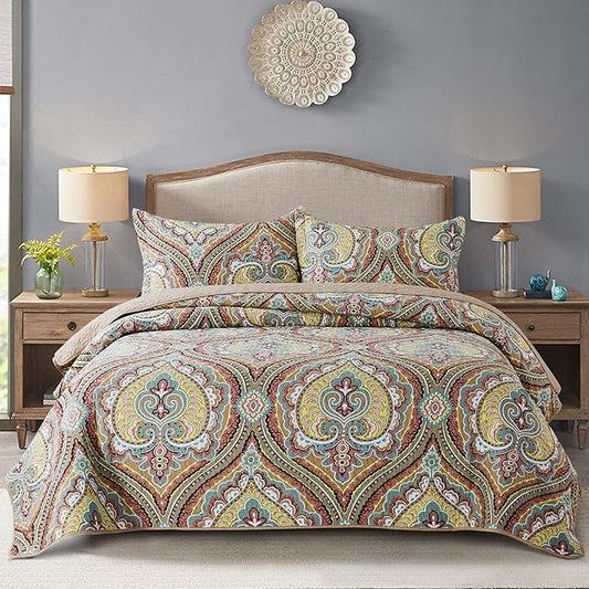 NEWLAKE Cotton Bedspread Quilt Sets-Reversible Patchwork Coverlet Set, European Paisley Blossom Pattern, King Size-Ruum Studio Home