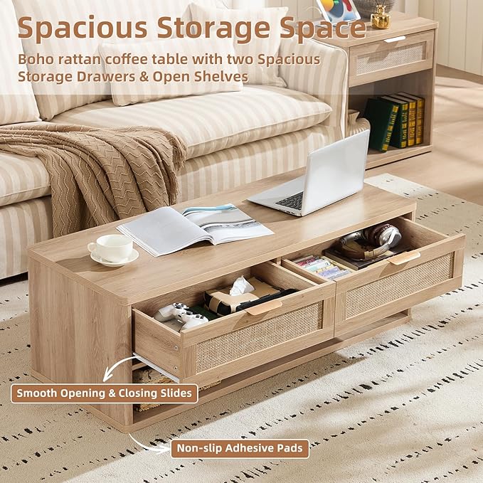 LEYAOYAO Boho Rattan Coffee Table Sets 2 Pieces, Nightstand with Charging Station and Coffee Table with Hidden Storage Compartment, Natural Living Room Table Set, Wood Furniture Sets for Home Office-Ruum Studio Home
