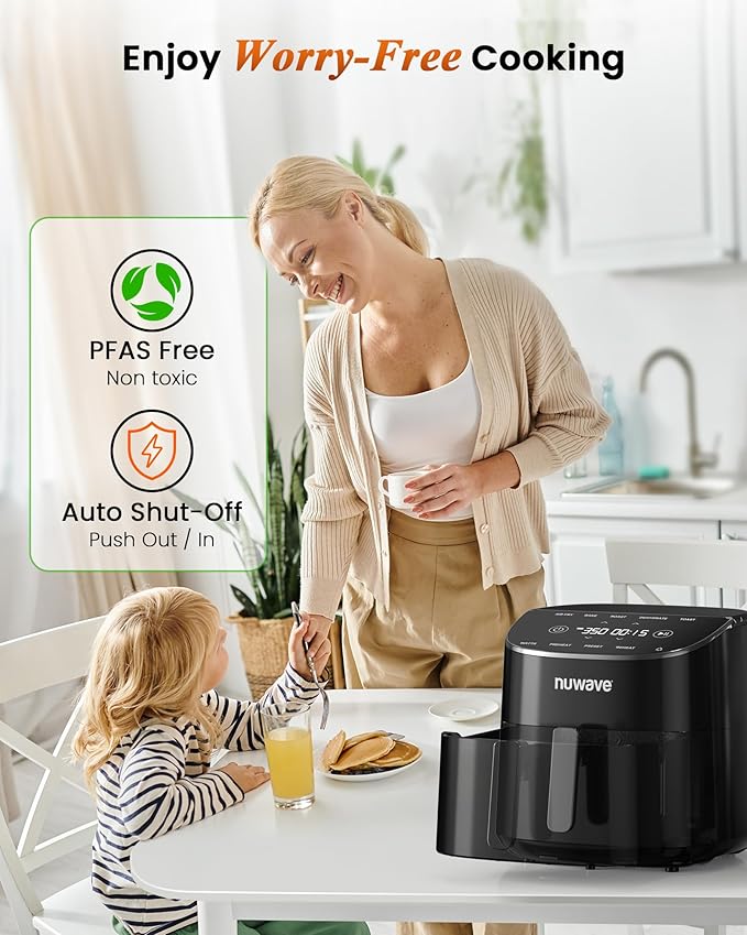 Nuwave Brio Plus Air Fryer 8 Qt, New & Improved, PFAS-FREE, 7 Digital One-Touch Cook Functions that AIR FRY, BAKE, ROAST, DEHYDRATE, TOAST, REHEAT, PREHEAT, 150 Presets, 50°F~400°F, 700/1500/1800W-Ruum Studio Home