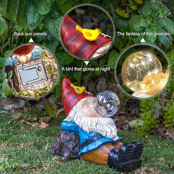 TIJNN Garden gnome Statue with Solar Lights. Funny Garden gnome Decorations for Your Yard, Outdoor Patio, Lawn, Gardens, Balcony or Home. Great Gift idea for Women and mums for Mother's Day.-Ruum Studio Home