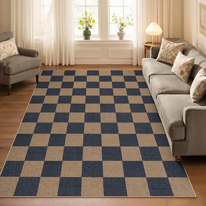 Lahome Checkered Easy Jute Living Room Rugs, 5x7 Dining Room Office Rug Farmhouse Outdoor Patio Carpet, Checkerboard Washable Non Slip Indoor Outdoor Blue Carpet for Backyard Entry Deck-Ruum Studio Home