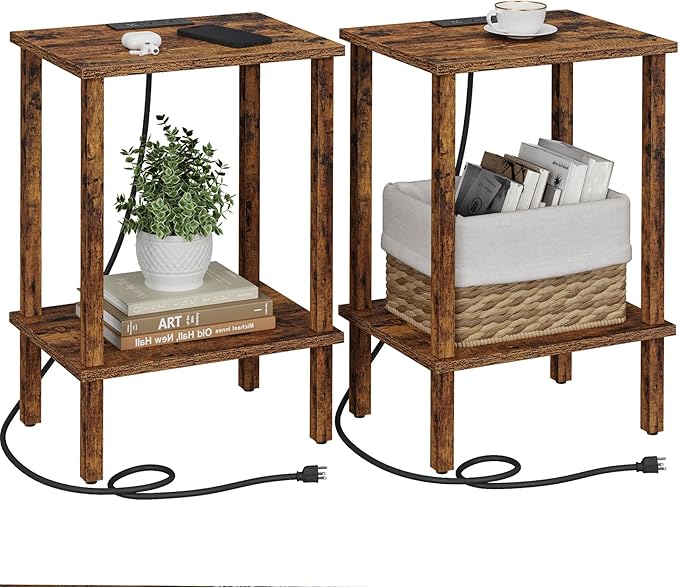TUTOTAK End Table with Charging Station, Set of 2, Small Side Table with Outlets, Nightstand Bedside Table, 2-Tier Storage Shelf for Small Space, Living Room, Bedroom Brown TB01BB041C-Ruum Studio Home