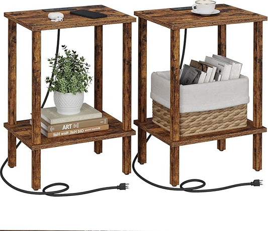 TUTOTAK End Table with Charging Station, Set of 2, Small Side Table with Outlets, Nightstand Bedside Table, 2-Tier Storage Shelf for Small Space, Living Room, Bedroom Brown TB01BB041C-Ruum Studio Home