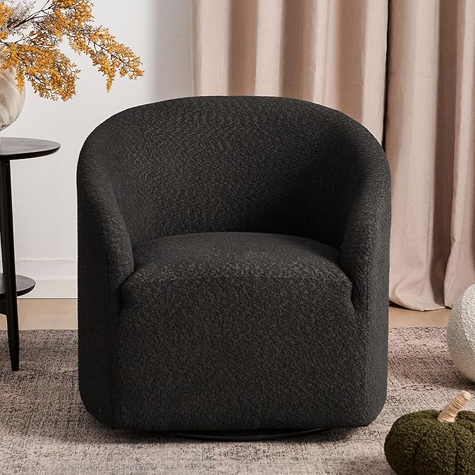 KINWELL 32" Wide Modern Boucle Swivel Barrel Chair, No Assembly Round Upholstered Swivel Accent Armchair for Living Room, Bedroom, Office (Black)-Ruum Studio Home