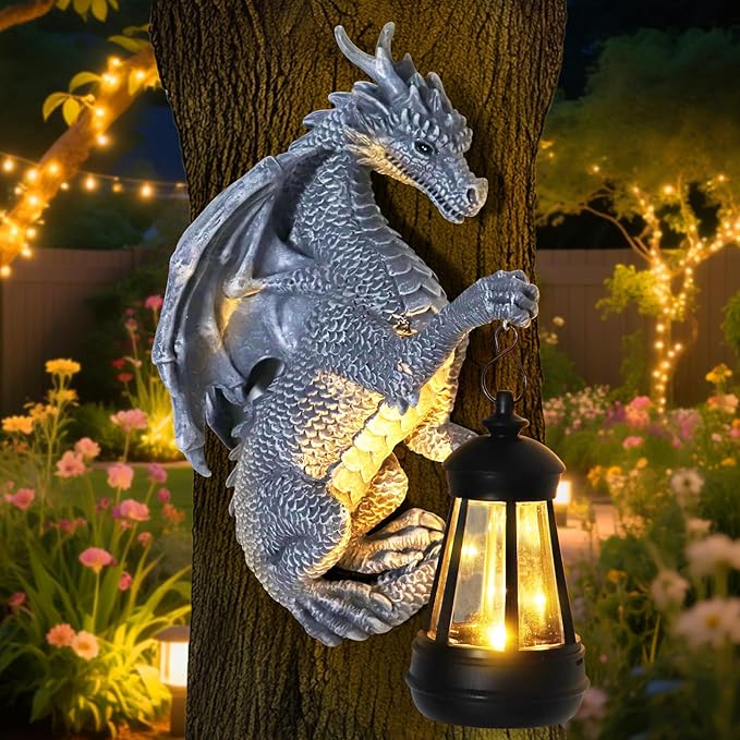 Garden Statues Tree Hugger Dragon - Halloween Dragon Statue Solar Lights Outdoor Patio Wall Decor,Christmas& Mothers Day&Birthday Gifts for Grandma Mom Women,Ideas Arts Crafts Waterproof Resin Lantern-Ruum Studio Home