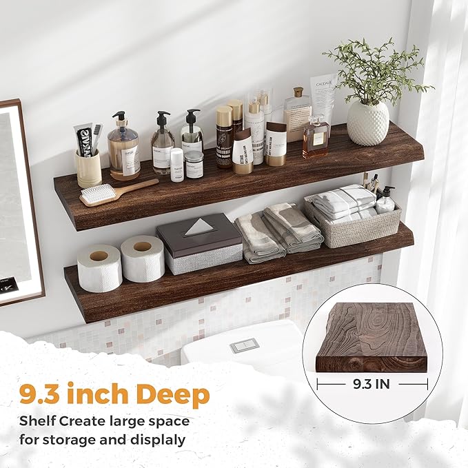 RICHFOCUS Live Edge Elm Floating Shelves - 40" W x 9.3" D Rustic Solid Wood Wall Shelves with Invisible Bracket, Wall-Mounted for Living Room, Bedroom, Kitchen Storage & Display, Set of 2, Walnut-Ruum Studio Home