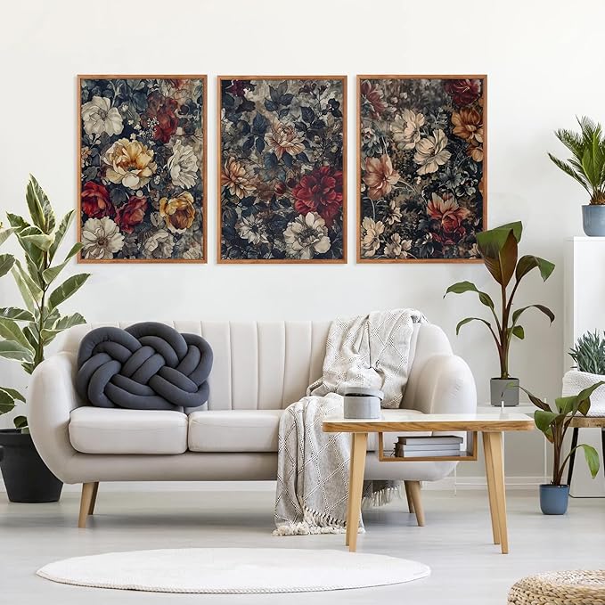 Aurlan Dark Moody Boho Wildflowers Wall Art Set(16"x24"), 3 Pieces Vintage Mid Century Modern Floral Framed Canvas Artwork, Large French Penoy Botanical Wall Decor for Office Bedroom Living Room-Ruum Studio Home