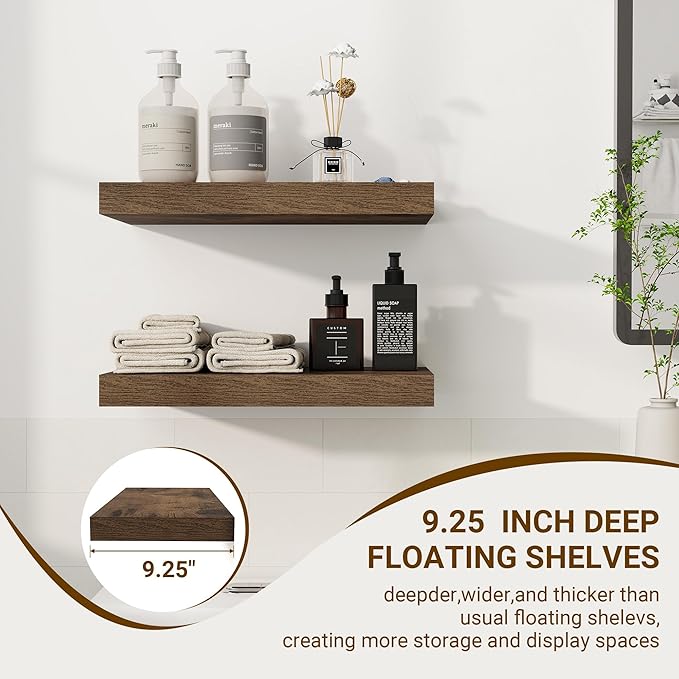 16 Inch Floating Shelves, 16"x9.25"x1.5" Inch Deep Floating Shelves for Wall, Wooden Shelves for Bathroom, Bedroom, Living Room, Brown-Ruum Studio Home