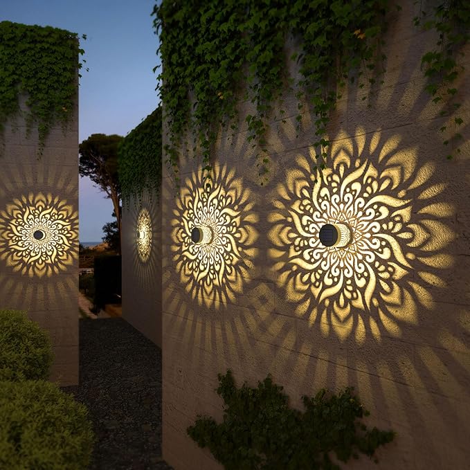 4 Pack Solar Fence Lights Metal Solar Powered Outdoor Wall Deck Step Lights Mandala Theme Waterproof Fence Light for Garden Post Patio Backyard Decor (4 Pack)-Ruum Studio Home