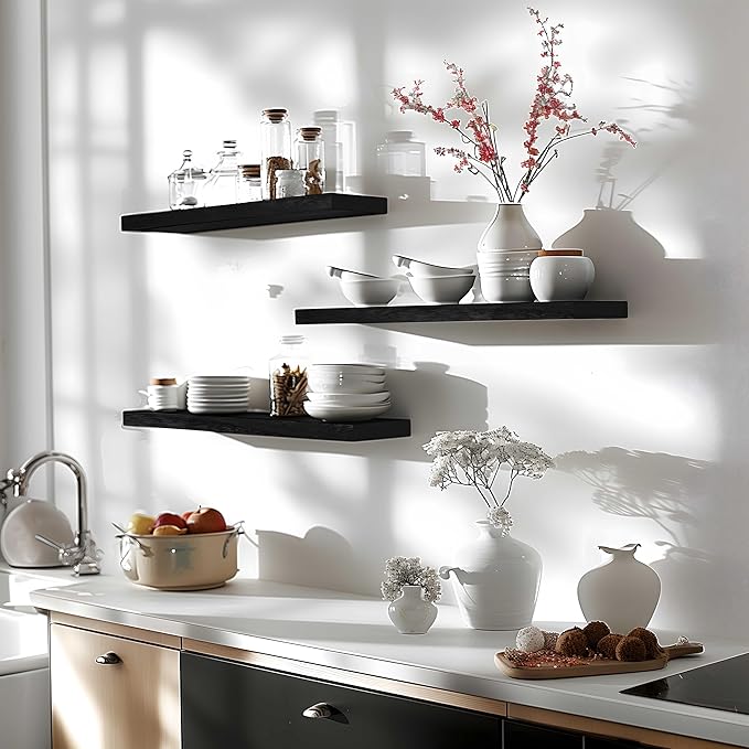 24 Inch Floating Shelves for Wall Rustic Black Wood Wall Shelves for Bedroom Set of 4-Ruum Studio Home