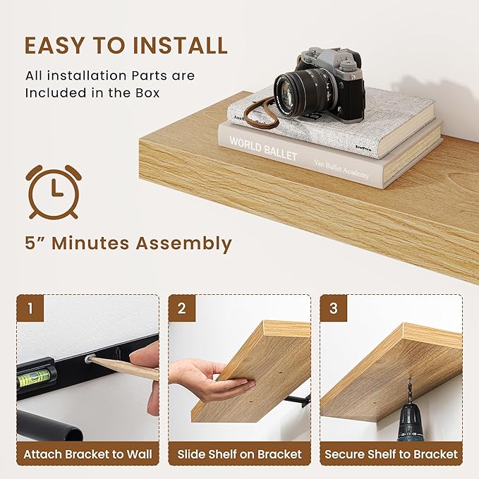 fuqing Floating Shelves for Wall, Bathroom Shelf Wall Mounted for Storage, Shelves with Invisible Bracket for Bedroom, Kitchen, Living Room, Farmhouse Small Book Shelf, 48 Inch Set of 2, Oak-Ruum Studio Home