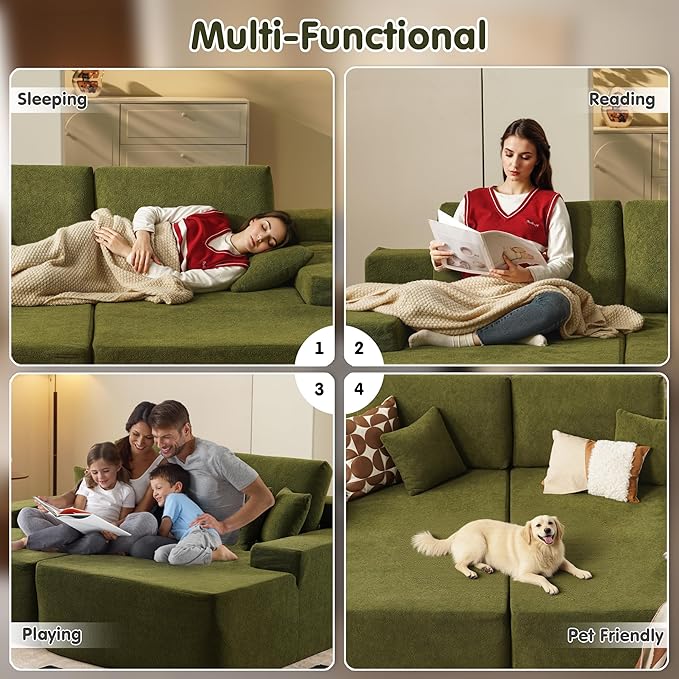 ovios 81" Oversized Sectional Double Lounge Chaise with Cloud Plush Sofa Bed, No Assembly Required, Fluffy Modern Sleeper Loveseat Chair for Indoor Living Room Bedroom Reading, Green (Cloud Velvet)-Ruum Studio Home