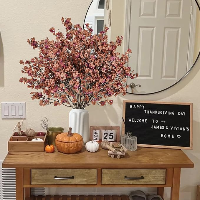 Sggvecsy 15 Pcs Babys Breath Artificial Flowers Gypsophila Bouquets Bulk Real Touch Fake Silk Flowers for Home DIY Floral Arrangement Table Centerpiece Fall Autumn Decoration (Orange Brown)-Ruum Studio Home
