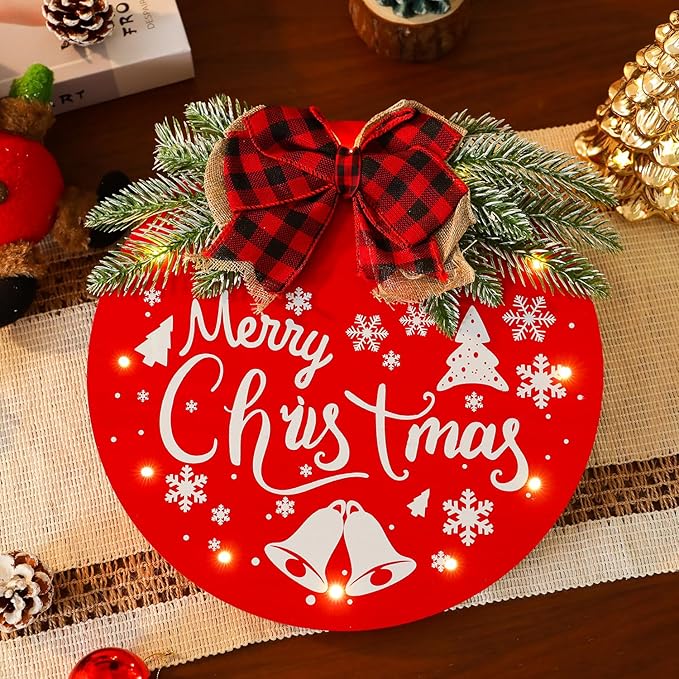 HOMCDALY Merry Christmas Welcome Sign for Front Door, Red X-mas Sign with Light, Holiday Door Decoration Wooden Hanging Sign, Christmas Decoration, Wall Art, Wall Decor(Red)-Ruum Studio Home