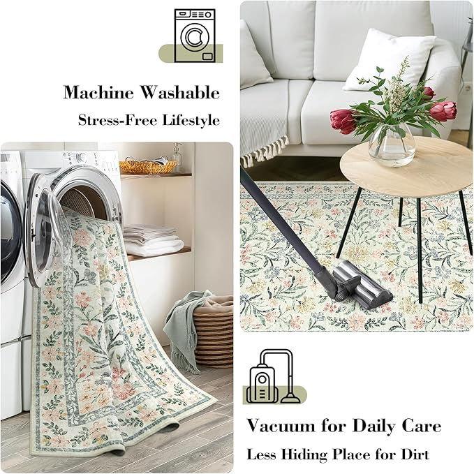 Wonnitar Large Living Room Rug, Floral 10 x 14 Machine Washable Area Rugs, Soft Boho Ultra-Thin Non-Shedding Indoor Aesthetic Carpet for Bedroom Dining Room Office-Ruum Studio Home