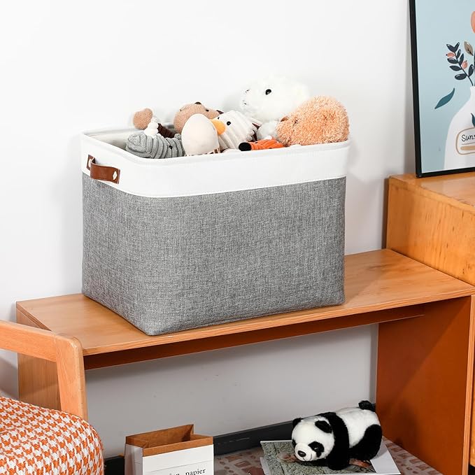 DULLEMELO Large Storage Baskets, Fabric Storage Basket with Leather Handles for Shelves Closet Nursery Toy Storage, Collapsible Fabric Baskets for Toy Book Magazine Towel Organizers(White&Gray)-Ruum Studio Home
