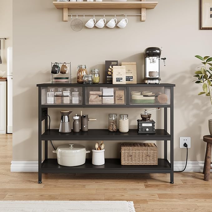 Lulive Entryway Table with Power Outlets, Console Table with 3 Fabric Drawers, Sofa Table for Living Room, Hallway, Couch, Foyer, Height Adjustable (Black, 43")-Ruum Studio Home