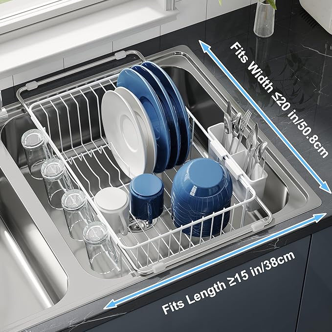 Dish Drying Rack in Sink, Small Dish Drainers for Inside Sink, Over The Sink Dish Racks, Stainless Steel Drying Rack with Utensil Holder, White-Ruum Studio Home