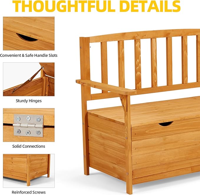 AVAWING Outdoor Storage Bench, Wooden Garden Bench Weatherproof, Patio Benches for Outside, 2-Seat Front Porch Bench, Park Bench for Deck, Lawn, Backyard (Yellow)-Ruum Studio Home