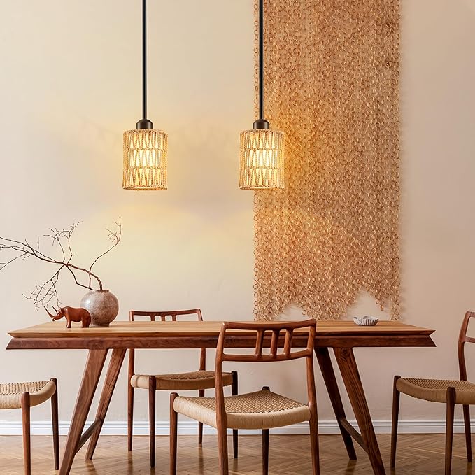 Pendant Light Boho Hanging Lamp, Rattan Hanging Lights with 2 in 1 Linen & Woven Shade, Ceiling Light Fixtures for Kitchen Island, Dining Room, Farmhouse, Bedroom (1 Pack)-Ruum Studio Home
