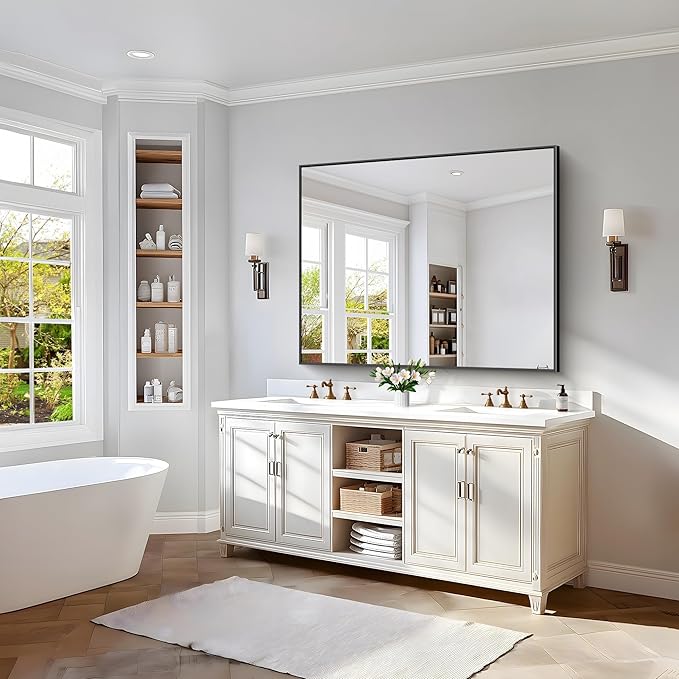 40x48inch Black Bathroom Mirror, Black Rectangle Mirror with Frame, Large Rectangular Wall Mirrors for Bathroom, Living Room, Hair Salon, Big Farmhouse Mirror Hang Horizontal/Vertical-Ruum Studio Home