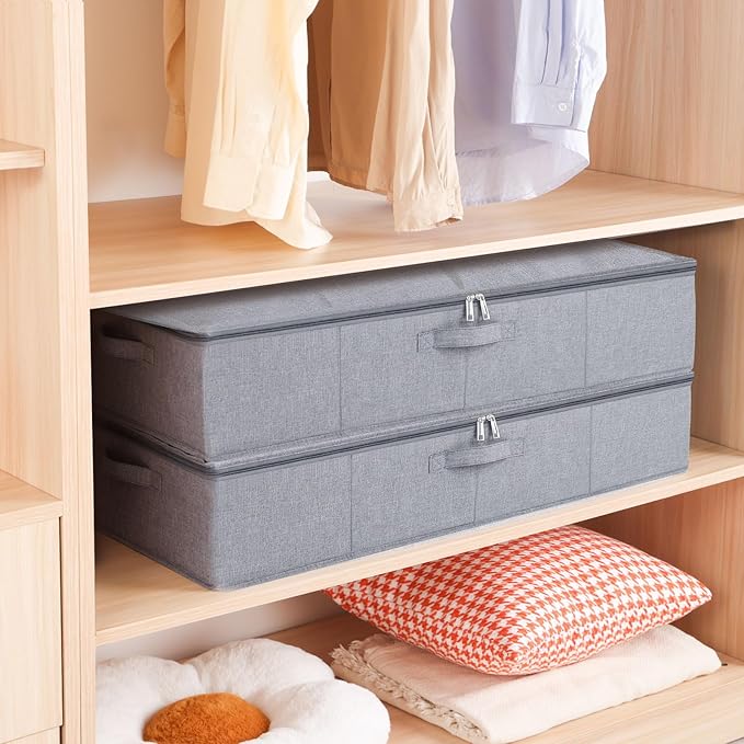 Under the Bed Storage Bins, 31.5 x 15.7 x 5.9 Inch Closet Organizers with Reinforced Handles for Blanket, Sheets, Pillows, Towels, Shoes, Grey, 2 Pack-Ruum Studio Home