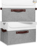 ANMINY 2PCS Storage Boxes with Lid Washable Decorative Storage Bins Basket with PU Leather Handle Foldable Linen Fabric Storage Cubes Containers for Home Closet Organizer - Gray White, Large Size-Ruum Studio Home