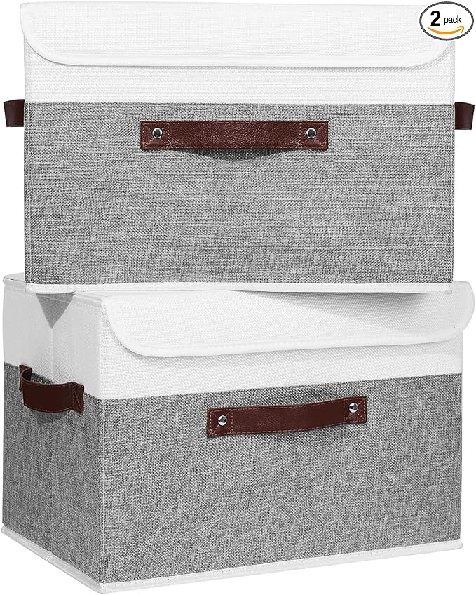 ANMINY 2PCS Storage Boxes with Lid Washable Decorative Storage Bins Basket with PU Leather Handle Foldable Linen Fabric Storage Cubes Containers for Home Closet Organizer - Gray White, Large Size-Ruum Studio Home