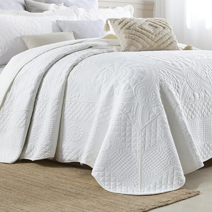 MarCielo 3-Piece 100% Cotton Oversized Bedspread Lightweight Quilt Coverlet Embroidery Farmhouse Bedding (Tf Bright White, Oversized Queen (100"x106"))-Ruum Studio Home