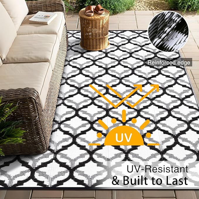 OLANLY Reversible Outdoor Rug 9x12 ft Clearance, Waterproof Outdoor Plastic Straw Rug with Interlacing Pattern, RV Mat for Patio, Camping, Balcony, Deck, Backyard, Black & White-Ruum Studio Home