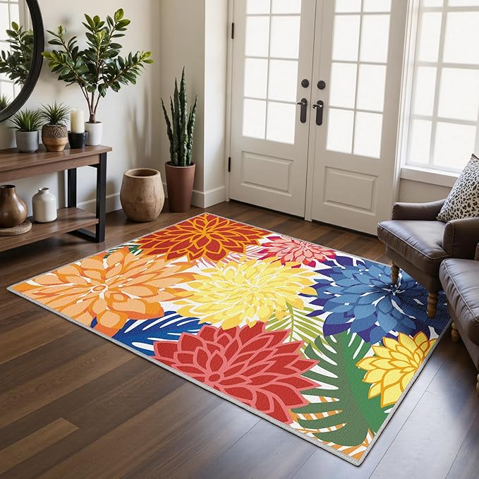 Area Rug 3x5 Washable Entry Rug Multicolored Tropical Botanical Modern Floral Indoor Kitchen Door Mat Entrance Carpet Non Slip for Bedroom Living Room, Porch-Ruum Studio Home
