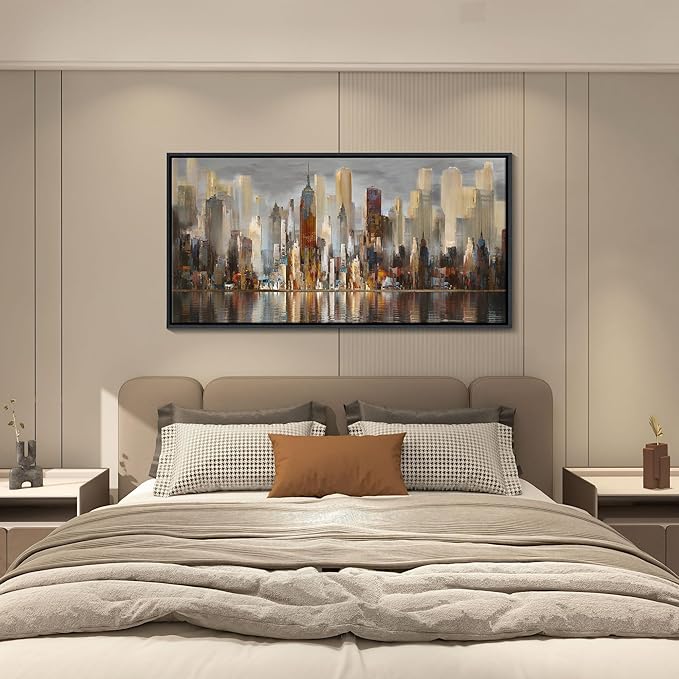 Abstract Brown New York City canvas Wall Art Framed Large Wall Art for Living Room Modern Paintings for Bedroom Cityscape New York Wall Decor Artwork Wall Pictures for Office and Bedroom 24×48in-Ruum Studio Home