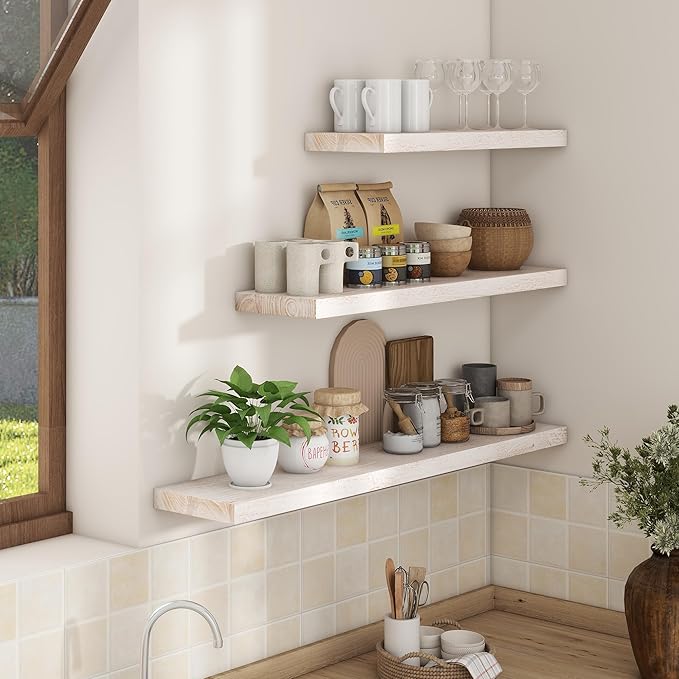 Axeman Floating Shelves for Wall - 32''W x 8'' D Rustic Solid Elm Wood Shelves for Storage, Wall Mounted Display Shelving with Invisible Heavy-Duty Metal Bracket (White Wash, 2PCs)-Ruum Studio Home